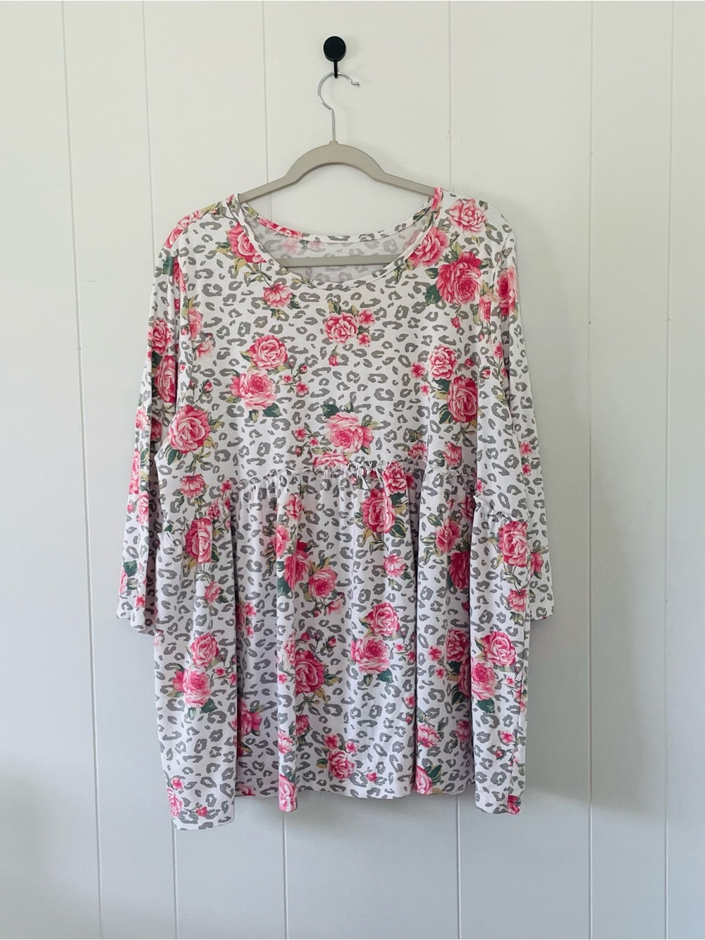 Floral Rose & Leopard Print Babydoll Top - Pink on Light Gray